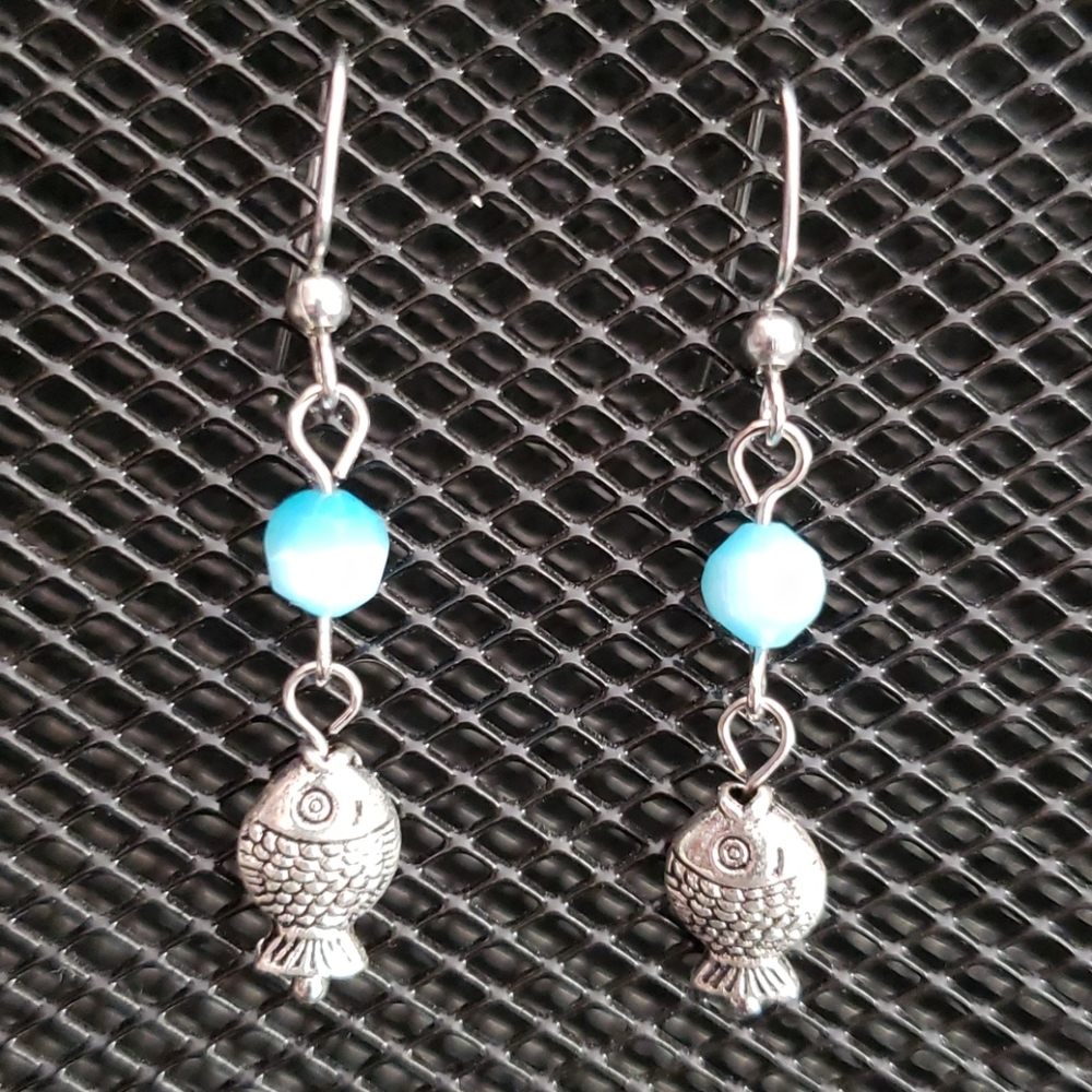 3/$20 | Silver fish & aqua cats eye earrings